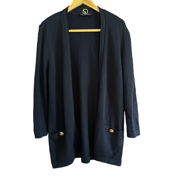 ST. JOHN | Santana Knit Navy Blue Long Cardigan with Gold & Enamel Buttons Sz M - Picture 1 of 7